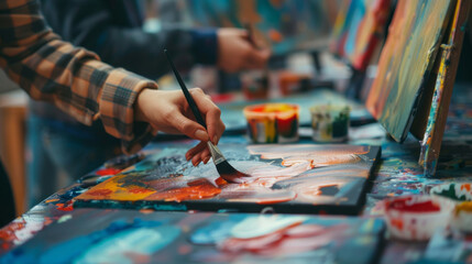 People expressing themselves doing art during an art therapy workshop, with paints, brushes, canvases. Therapeutic benefits of creativity and self-expression in mental health and emotional well-being