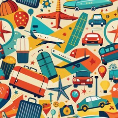 Seamless pattern of retro-inspired travel motifs like suitcases, airplanes, and road signs in bold colors, Generative AI