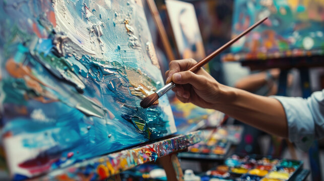 People expressing themselves doing art during an art therapy workshop, with paints, brushes, canvases. Therapeutic benefits of creativity and self-expression in mental health and emotional well-being