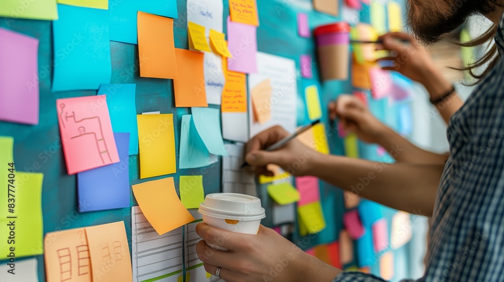 Poster a person with a coffee cup in hand engaging in a brainstorming session using colorful sticky notes o
