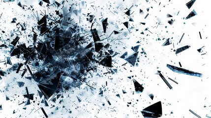 A shattered glass window with shards of glass scattered all over the floor