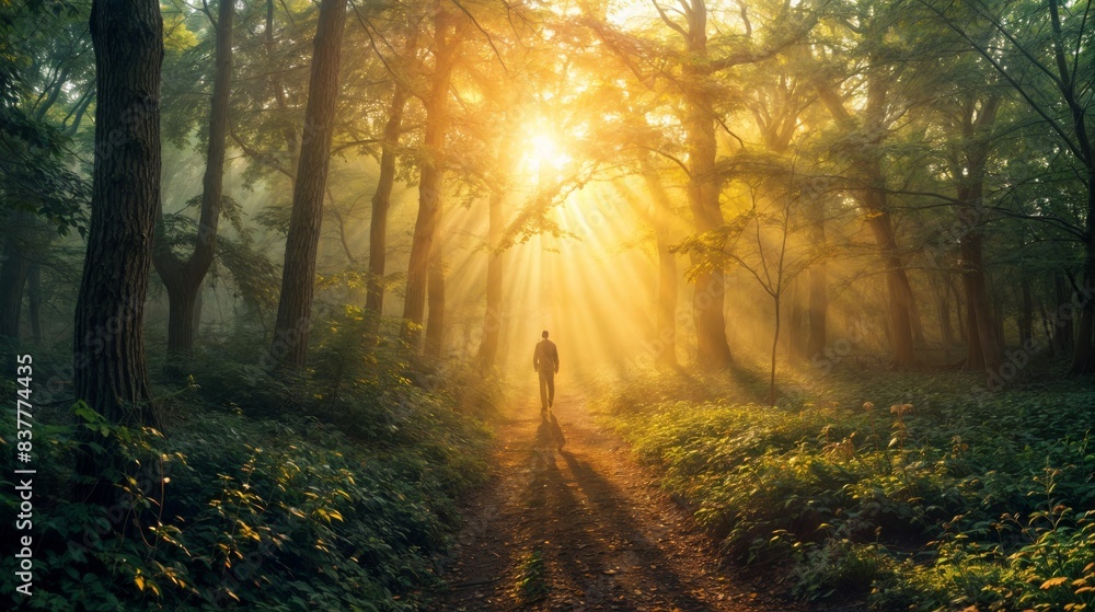 Poster man walking through a sunlit forest path with rays of light