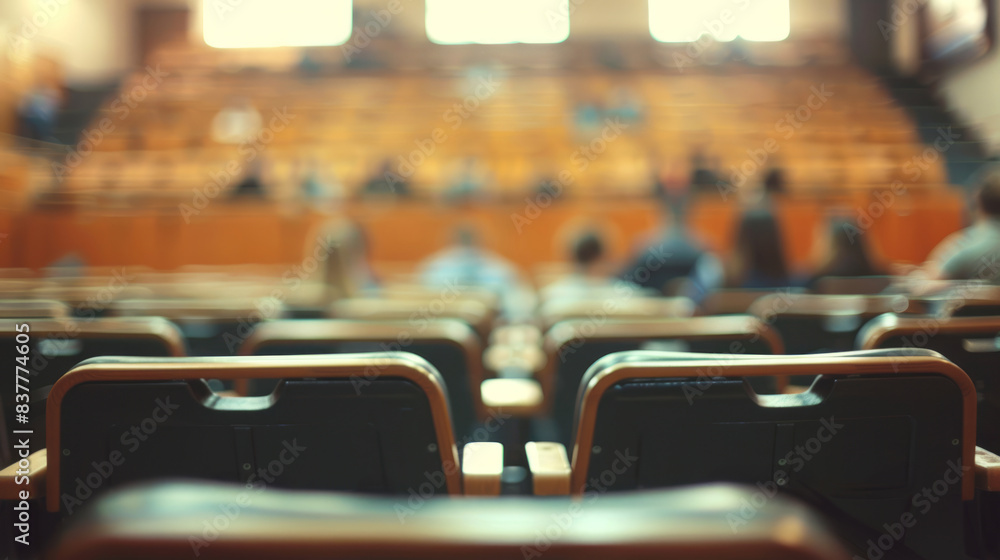 Poster empty lecture hall with blurred students. a view from the back of a large lecture hall with rows of 