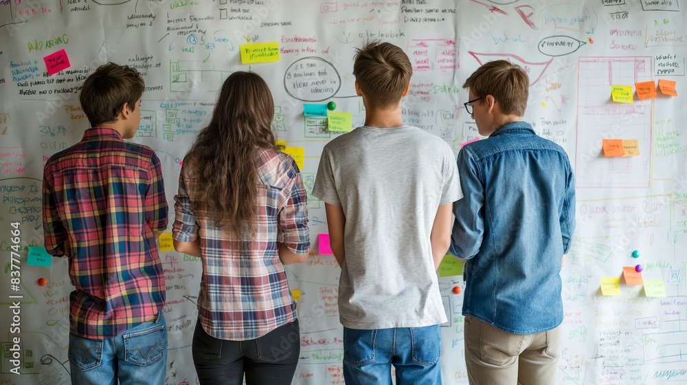 Poster a group of students intensely studying a variety of colorful sticky notes and diagrams on a large wa