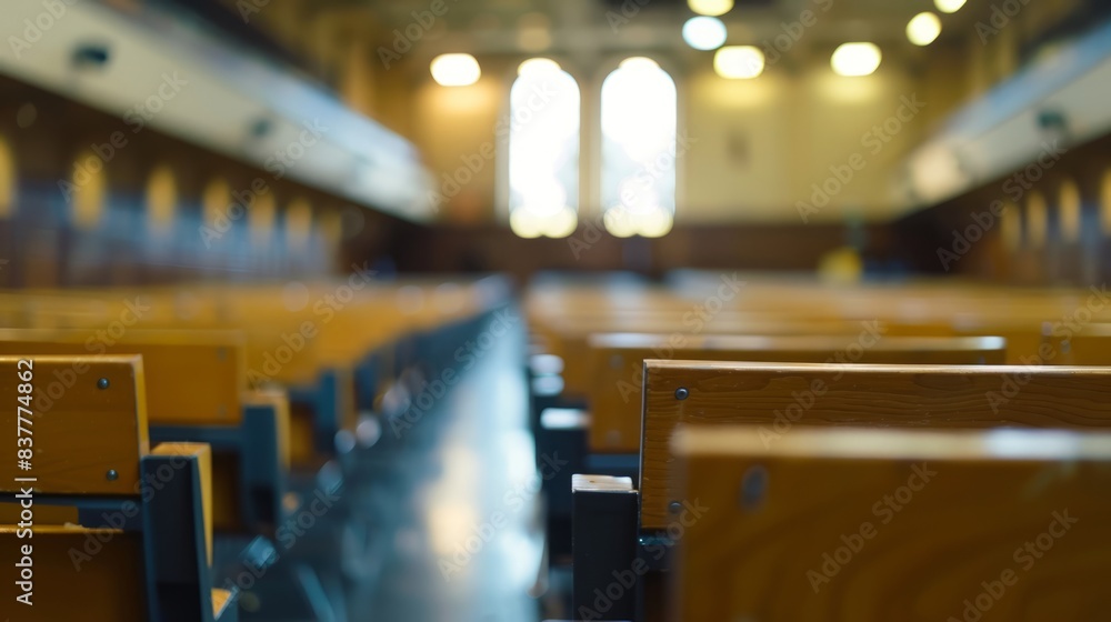Poster empty lecture hall with wooden seats. a wide shot image featuring rows of empty wooden seats inside 