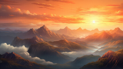 Majestic Sunrise Over Misty Mountain Range