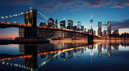 Fototapeta premium Illuminated City Skyline with Bridge at Dusk