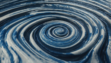 Fototapeta premium A blue spiral with white accents, resembling a whirlpool or an abstract pattern. The texture seems thick and glossy, suggesting that it might be paint or some other viscous material