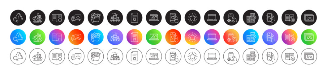 Heart rating, Happy emotion and Buying house line icons. Round icon gradient buttons. Pack of Search app, Notebook, Attention icon. Star, Reject book, Loan house pictogram. Vector