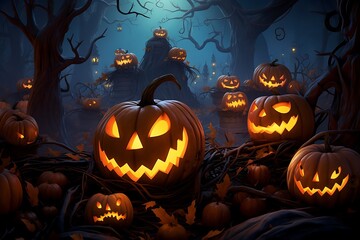 Seamless Pattern of Halloween Pumpkins with Glowing Faces: A Festive and Spooky Halloween Background Featuring Jack-o'-Lanterns in Orange and Black Variations, Perfect for Holiday Decorations, Invitat