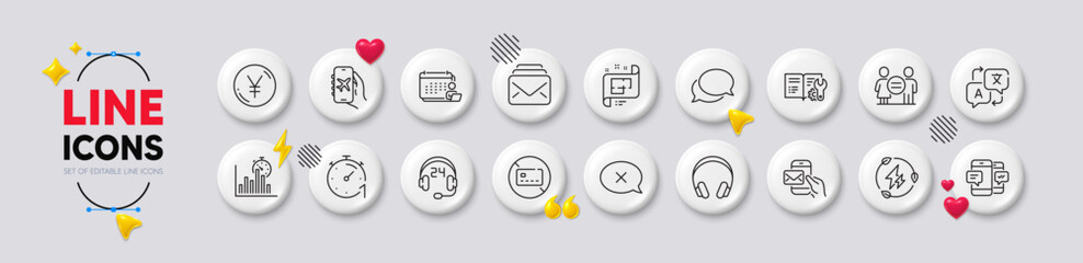 Report timer, Architectural plan and Headphones line icons. White buttons 3d icons. Pack of Flight mode, Translate, Timer icon. Equality, Smartphone sms, Messenger pictogram. Vector