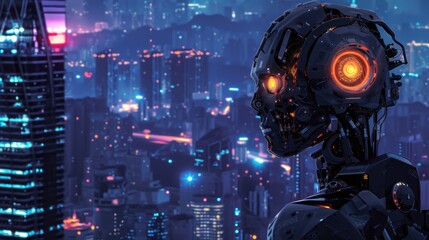 Fototapeta premium Cyberpunk robot with glowing eye majestically standing in front of night glowing metropolis.