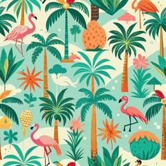 Seamless pattern of retro-inspired tropical motifs like palm trees, flamingos, and pineapples in vibrant hues, Generative AI