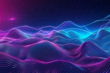 Fototapeta premium A vibrant digital landscape of neon waves and glowing lines against a starry background, creating a futuristic and dynamic visual effect.