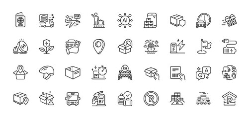 Book car, Parcel tracking and Charging station line icons pack. AI, Question and Answer, Map pin icons. Return package, Supply chain, Milestone web icon. Vector