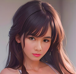 Naklejka premium Portrait of an Asian woman posing for a fashion photo shoot. The studio will focus on close-ups of her face. AI-Generated