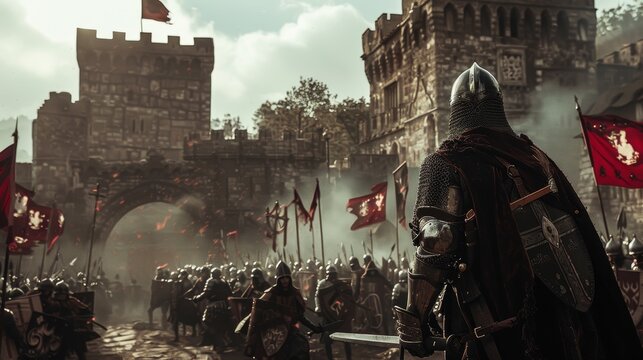 Medieval knight in full armor overlooking large battlefield with soldiers. Medieval castle.