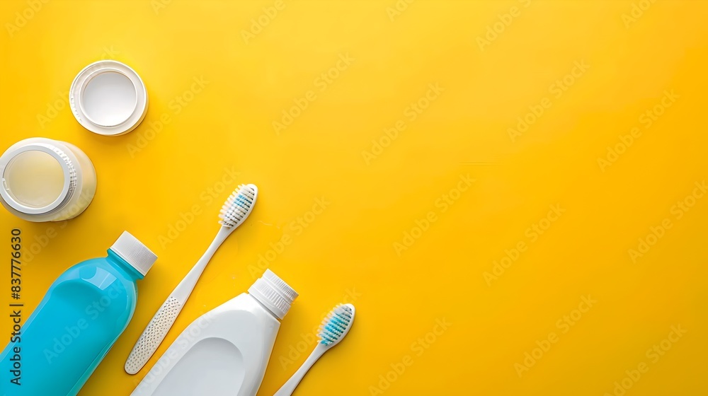 Wall mural Top view of dental care products on a yellow background. Minimalist style. Perfect for healthcare and dental hygiene concepts. AI