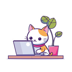 Cartoon kitten using laptop, adorable cat browsing internet, cute feline computer technology. Animated pet working laptop, orange white cat scarf computer desk potted plant. Digital illustration