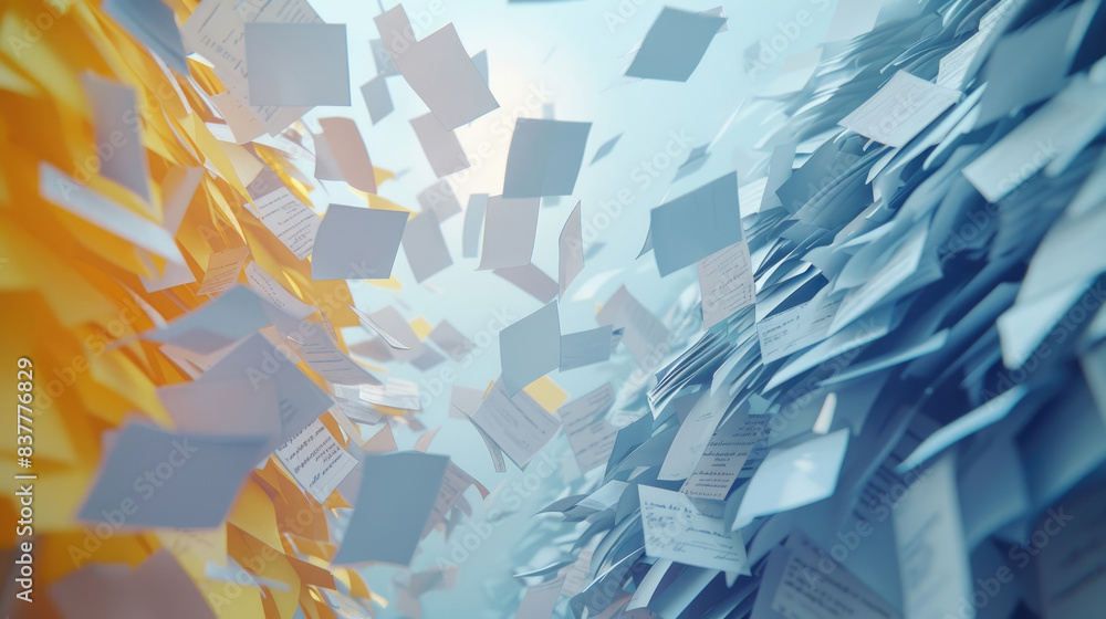 Aufkleber a close-up view of blue and yellow paper sheets swirling in the air, creating a chaotic and dynamic 