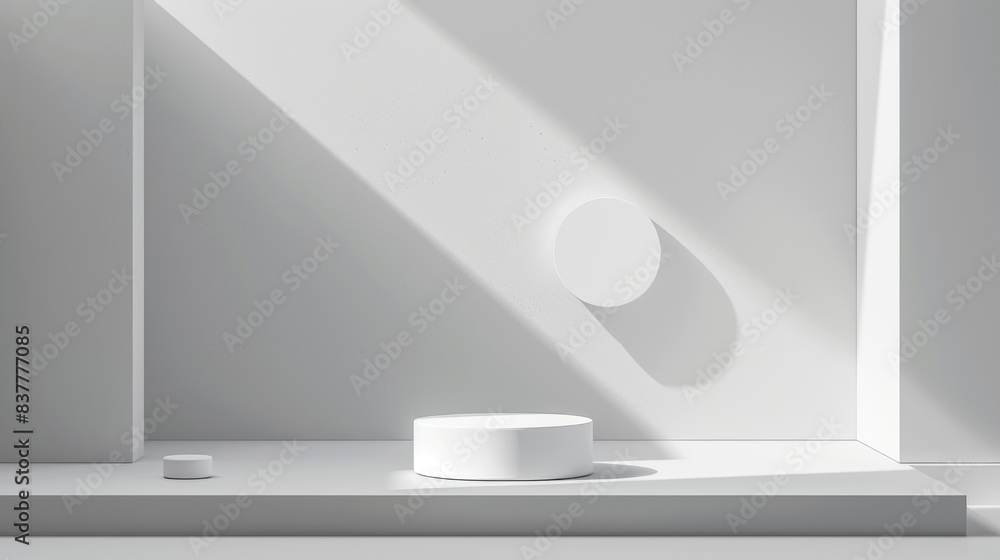 Poster a white cylindrical platform sits on a white shelf in a minimalist room with a single light source c