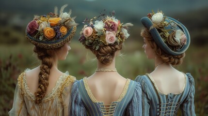 Three French women in 18th century costume with hat decorated with flower standing and looking at field.
