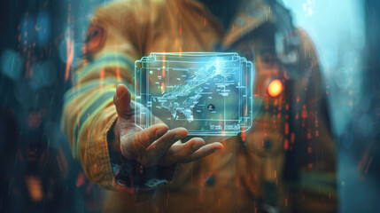 A firefighter holds a holographic map in their hand, showcasing advanced technology in emergency response