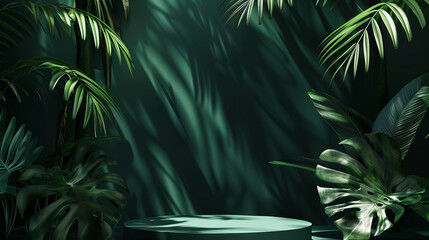 3d dark green display podium with monstera palm leaves.