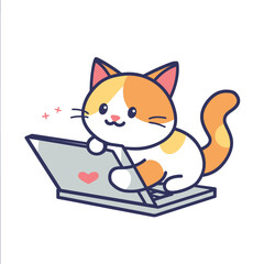 orange white cartoon cat uses laptop. Cute feline engaged technology interaction, whiskers tail visible. Animated kitty laptop surprise happiness expression