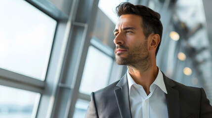 Fototapeta premium Latino latin American businessman on business trip in a transportation hub such as an airport showcasing resilience and adaptability, the man dedication to his professional responsibilities