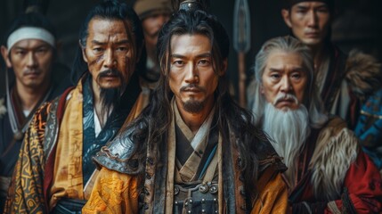 Naklejka premium Group of Asian warriors in traditional attire, with intense expressions and detailed armor. Historical context.