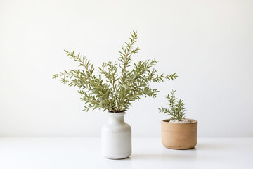 Fototapeta premium Green Plant in White Vase on White Surface
