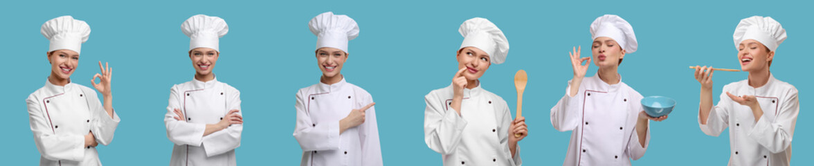 Collage with photos of professional chef on light blue background