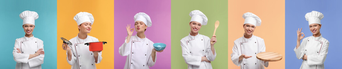 Collage with photos of professional chef on different color backgrounds