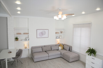 Ceiling fan, furniture and accessories in stylish living room