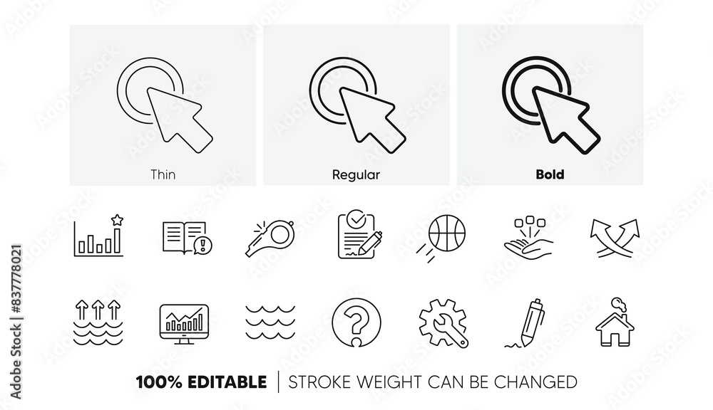 Poster signature, analytics and question mark. waves, whistle and global warming line icons. linear icon se