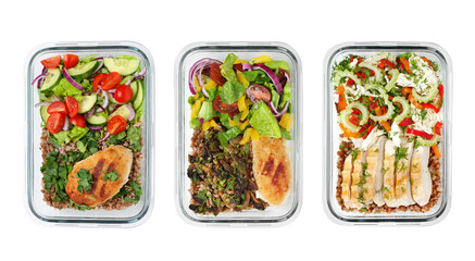 Different delicious meals in containers isolated on white, top view. Healthy diet