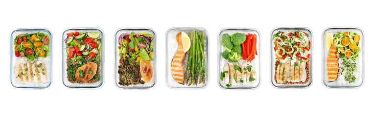Different delicious meals in containers isolated on white, top view. Healthy diet