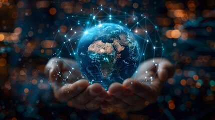 Global Connectivity Concept - Digital Wireframe of Human Hand Holding Globe with Data Connections