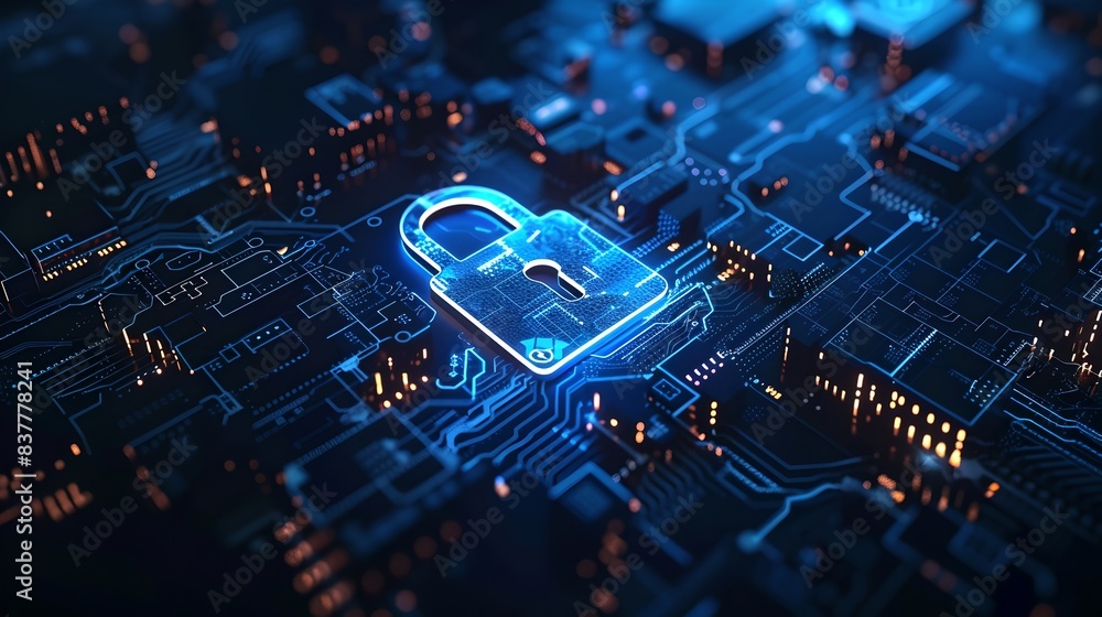 Poster digital lock symbol on a futuristic circuit board. a concept of cybersecurity and data protection. t