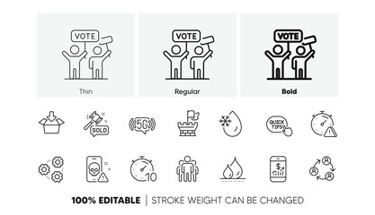 Auction hammer, 5g wifi and Voting campaign line icons. Pack of Group, Timer, Teamwork icon. Freezing water, Shield, Quick tips pictogram. Attention, Cyber attack, Mobile finance. Get boxGears. Vector