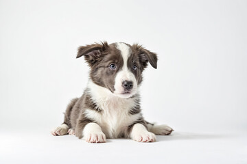 Adorable Border Collie Puppy Lying on White Background