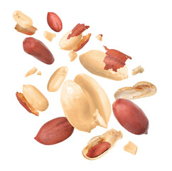Many peanuts in air on white background