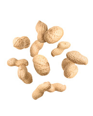 Unpeeled peanuts in air on white background