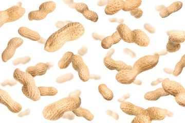 Unpeeled peanuts in air on white background