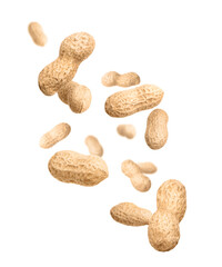 Unpeeled peanuts in air on white background