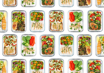 Different delicious meals in containers on white background, top view. Healthy diet