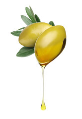 Oil dripping from green olives on white background