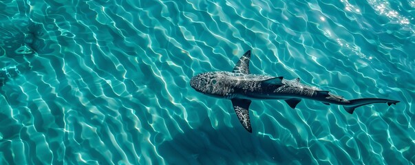 Obraz premium Aerial view of spinner shark swimming in clear blue waters of Atlantic Ocean, Southampton, New York, United States.