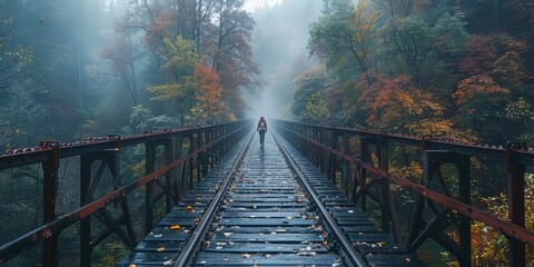 Misty forest railroad bridge with a lone woman walking